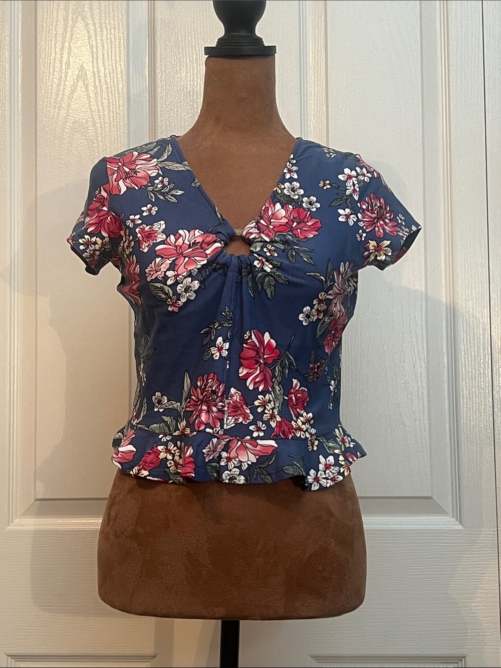 Love By Design Navy Floral Knot-Front V-Neck Top